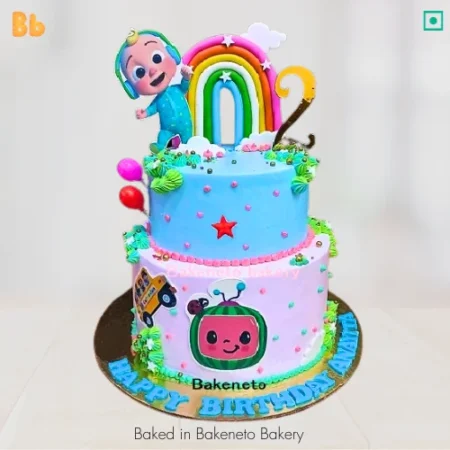 2 Tier Cocomelon Cake design for kid's second birthday by bakeneto.com Get free cake delivery in Noida, Ghaziabad, Noida Extension, Delhi and Gurugram.