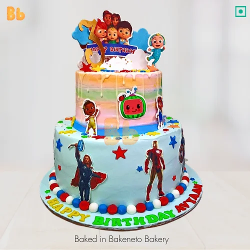 Cocomelon and Avengers Cake design, best birthday cake for kids by bakeneto bakery