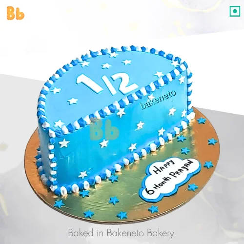 Blue 6 Months Baby Cake is the best customized cake design to celebrate a half year birthday of your kid. Get same-day cake home delivery near Noida, Delhi, Gurugram, Ghaziabad, Greater Noida Extension.