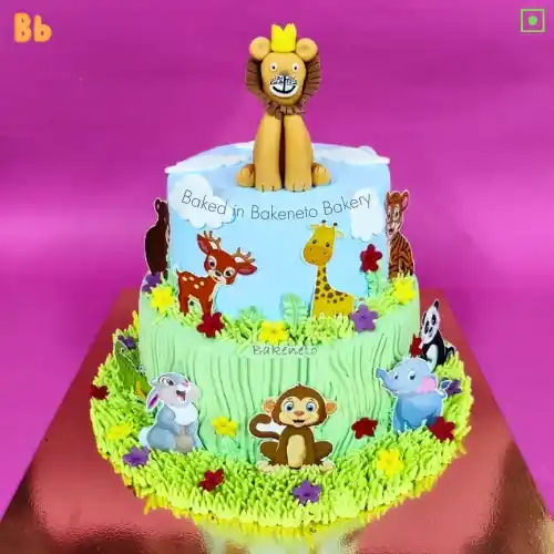 One of the best 2 Tier Jungle Fun Cake for your child's birthday. You can order Jungle theme cake online and send cake to Noida, India and Ghaziabad, India by best cake shop, Bakeneto. Enjoy free cake home delivery in Sector-35 Noida, Sector-34 Noida, Sector-33 Noida, Sector-50 Noida, Sector-51 Noida, Sector-37 Noida, Sector-39 Noida, Sector-2 Noida, Sector-3 Noida, Sector-4 Noida, Sector-9 Noida, Sector-10 Noida, Sector-125 Noida, Sector-126 Noida, Sector-127 Noida and Vaishali, Vasundhara, Indirapuram, Kaushambi, Ashok Nagar Delhi and Noida Extension as well.