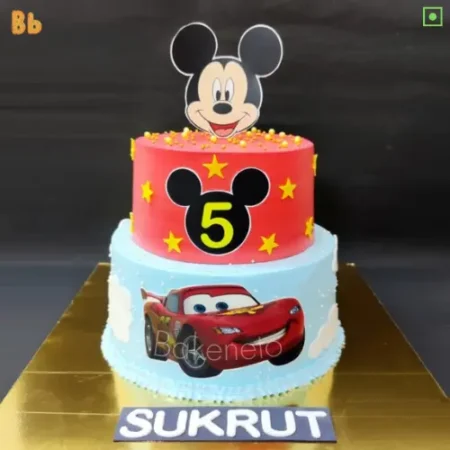 Micky and Car Cake is the best 2d edible print cake for your son /daughter on his/her birthday. Cake looks amazing in this dual theme of micky mouse and Lightning 95 car race theme. Order customized Cake online and get cake delivery in NCR (Noida, Ghaziabad, Delhi, Greater Noida Extension by bakeneto.com), call: 7071634634 for instant booking for birthday cakes.