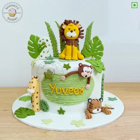 Wildlife Jungle Cake Design | Online Cake Delivery in Noida, Ghaziabad, Noida Extension and Ashok Nagar Delhi. Bakeneto is most trusted for making customized birthday cakes, Customized wedding cakes, engagement cakes and Anniversary cakes.