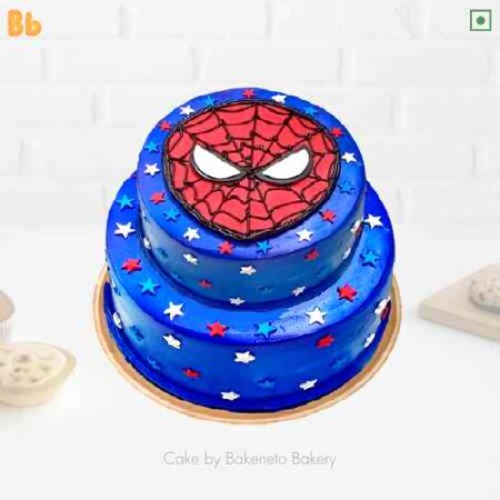 Order Customized superhero cake, 2 Tier Spiderman Cake for your kid's birthday and get free cake delivery in Noida, Ghaziabad, Noida Extension, Delhi nearby area on same-day by bakeneto.com