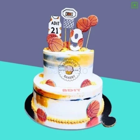 2 Tier Basketball Cake, Game theme cakes delivery in Noida, Indirapuram and Noida extension.