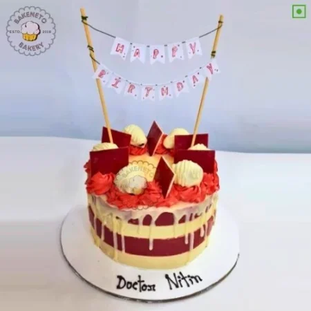 White Red Velvet Cake Design for Birthday. Best Cake Delivery in Noida, Ghaziabad, and Noida Extension by bakeneto.