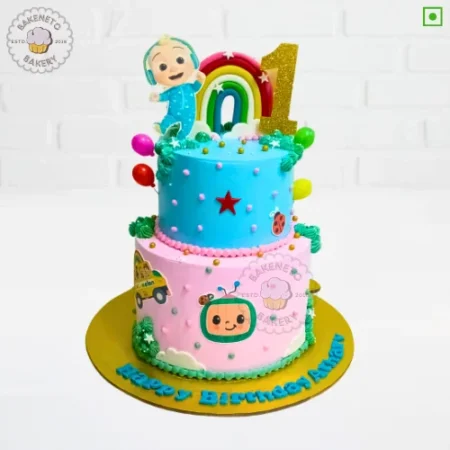 Order 2 Tier Cocomelon Cake online and get the same-day cake delivery in Noida, Ghaziabad and Noida Extension by the best bakery and cake shop in Noida, gaur city, Vaishali, vasundhara, indirapuram, Pratap vihar, Siddharth vihar, crossing republic etc.