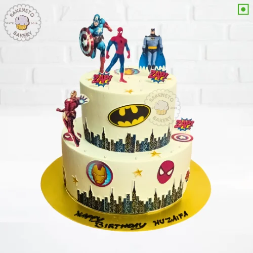 Order 2 Tier Superhero Cake online and get the same-day cake delivery in Noida, Ghaziabad and Noida Extension by the best bakery and cake shop in noida, gaur city, Vaishali, vasundhara, indirapuram, Pratap vihar, Siddharth vihar, crossing republic etc.