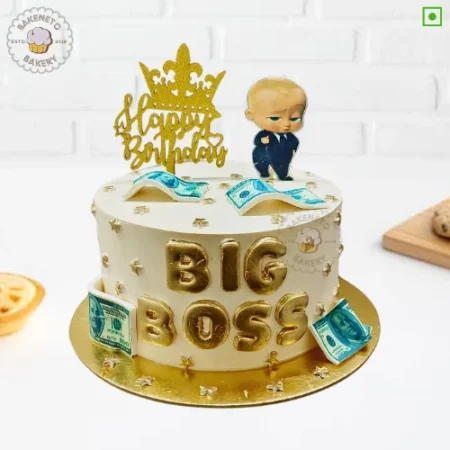 Golden Boss Baby Cake delivery in Noida, Ghaziabad, Noida Extension and Ashok Nagar Delhi. Bakeneto is most trusted for making customized birthday cakes, Customized wedding cakes, engagement cakes and Anniversary cakes.