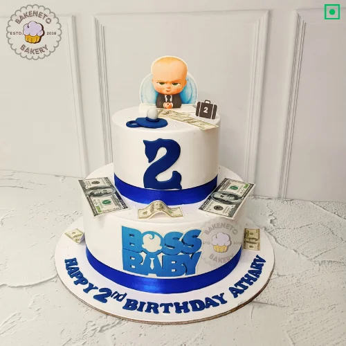 Order this delicious 2 Floor Baby Boss Cake for your kid's birthday party. Get various types of customized cakes in just 2 to 3 hours on the same day. Get 25+ flavors and get free cake delivery in Noida, Ghaziabad, Indirapuram, Vaishali, Vasundhara, Kaushambi and Noida Extension, Gaur City, Eco Village etc.