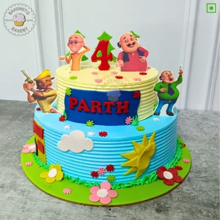 Order 2 floor Motu Patlu Cake for kid's birthday in 30 minutes in Noida. Super fastcake delivery nearby in Noida, Ghaziabad, Noida Extension. Get customized theme cakes in 2 hours in Noida.