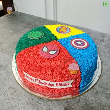 Order Four Superhero Cake for kid's birthday in 30 minutes in Noida. Super fastcake delivery nearby in Noida, Ghaziabad, Noida Extension. Get customized theme cakes in 2 hours in Noida.