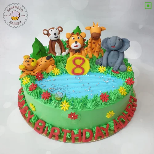 Order best quality Jungle Party Cake online by the best cake hop in Noida, Ghaziabad and Greater Noida Extension near by areas Bakeneto provides online cake delivery service in 2 hours in Indirapuram, Kaushambi, Vasundhara, Vaishali, Pratap Vihaar, Crossing republic, Noida Extension, Ashok Nagar Delhi, and Noida. Get your cake customized in 2 hours.