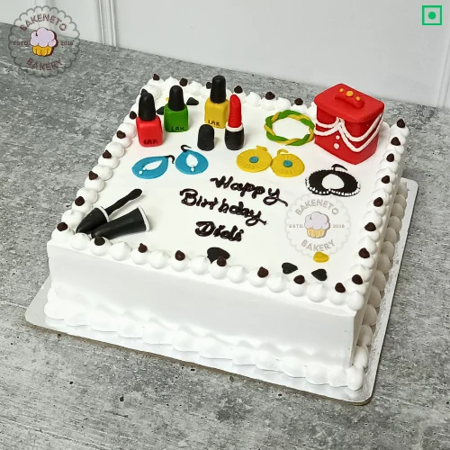 Order this fresh and delicious Lady Makeup Kit Cake online. Get various types of customized cakes in just 2 to 3 hours on the same day. Get 25+ flavors and get free cake delivery in Noida, Ghaziabad, Indirapuram, Vaishali, Vasundhara, Kaushambi and Noida Extension, Gaur City, Eco Village etc.