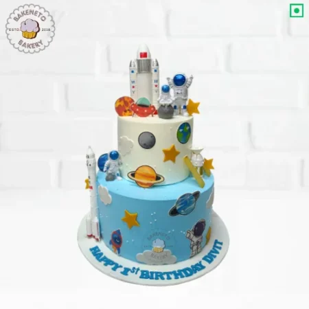 Order this delicious Rocket and Space Cake for your kid's birthday party. Get various types of customized cakes in just 2 to 3 hours on the same day. Get 25+ flavors and get free cake delivery in Noida, Ghaziabad, Indirapuram, Vaishali, Vasundhara, Kaushambi and Noida Extension, Gaur City, Eco Village etc.