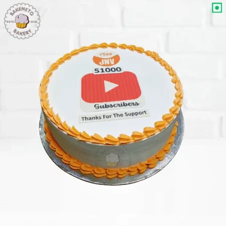 Order this fresh and delicious YouTube Theme Cake online. Get various types of customized cakes in just 2 to 3 hours on the same day. Get 25+ flavors and get free cake delivery in Noida, Ghaziabad, Indirapuram, Vaishali, Vasundhara, Kaushambi and Noida Extension, Gaur City, Eco Village etc.