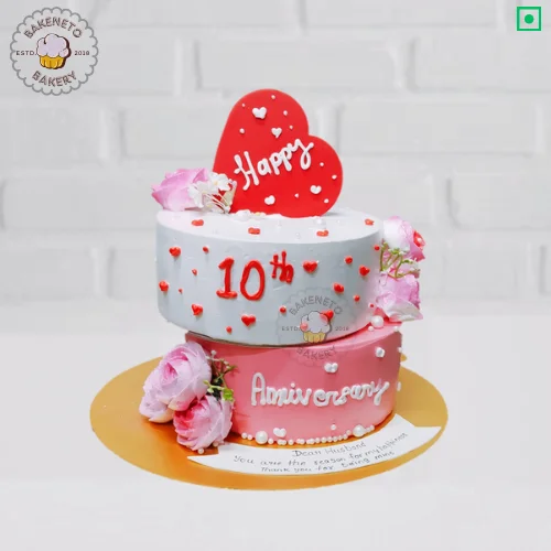 Order fresh, delicious 10th Anniversary Cake online. Get various types of customized cakes in just 2 to 3 hours on the same day. Get 25+ flavors and get free cake delivery in Noida, Ghaziabad, Indirapuram, Vaishali, Vasundhara, Kaushambi and Noida Extension, Gaur City, Eco Village etc.