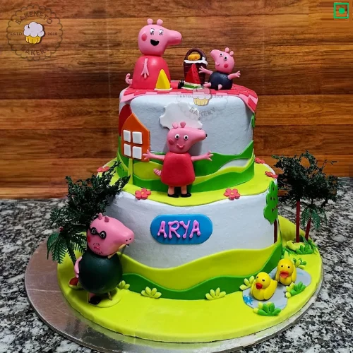 Book a fresh, delicious 2 Floor Peppa Cake online for your kid's fifth birthday. Get various types of customized cakes in just 2 to 3 hours on the same day. Get 25+ flavors and get free cake delivery in Noida, Ghaziabad, Indirapuram, Vaishali, Vasundhara, Kaushambi and Noida Extension, Gaur City, Eco Village etc.