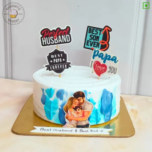 Order yummy, fresh and eggless Husband Papa Cake Online by best Cake Shop delivers in Noida, Ghaziabad, Noida Extension and nearby area.